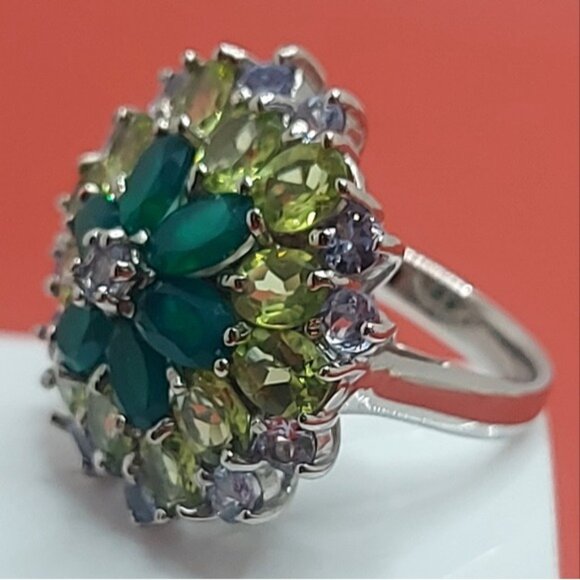 Natural Aventurine 6x4mm, Peridot, Tanzanite 925 Sterling Silver Ring Size 6.75 - Picture 10 of 11